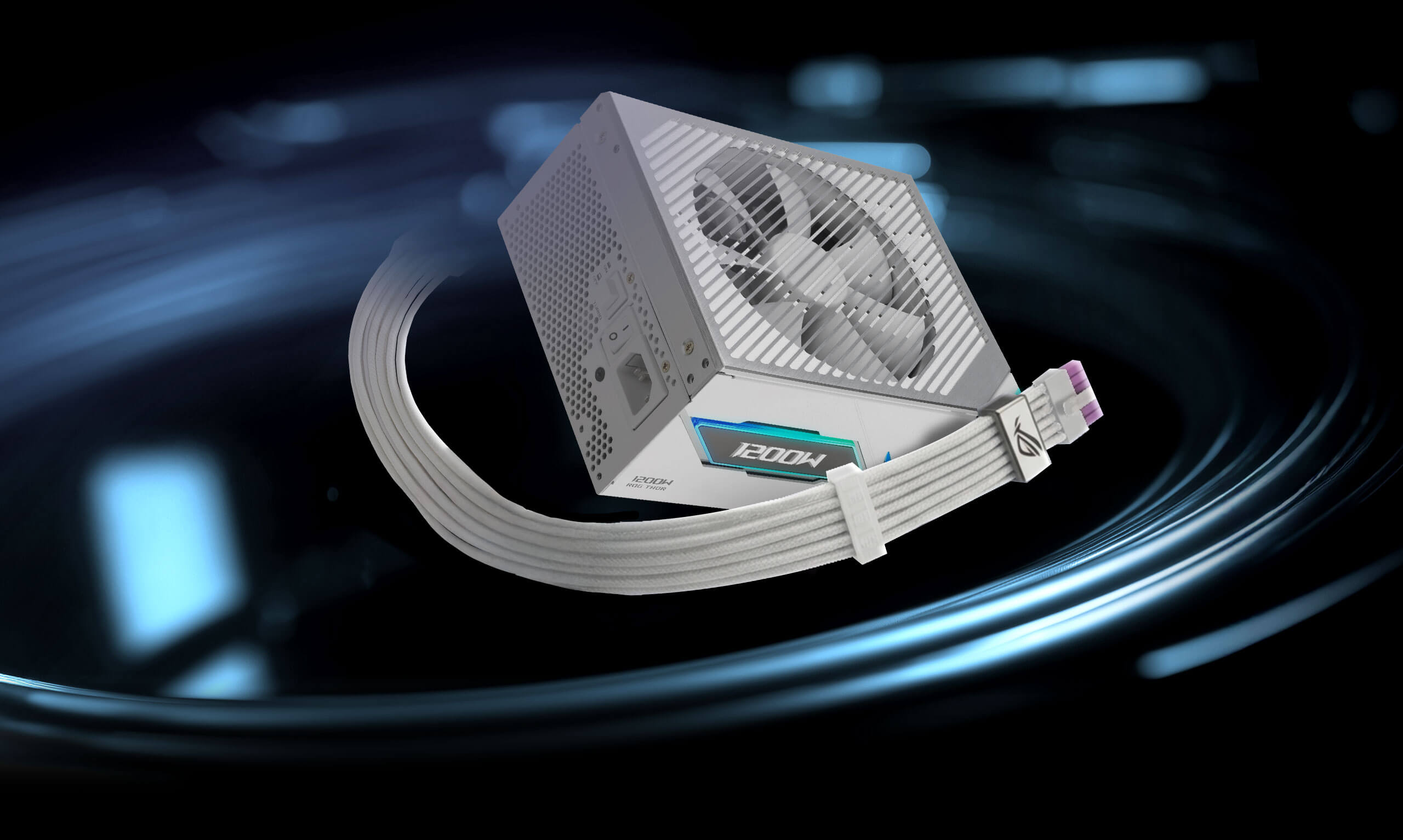 A ROG Thor III 1200W Platinum rests above a glowing purple surface. The ROG Equalizer 12V-2x6 PCIe cable extends from it, highlighting in the front.