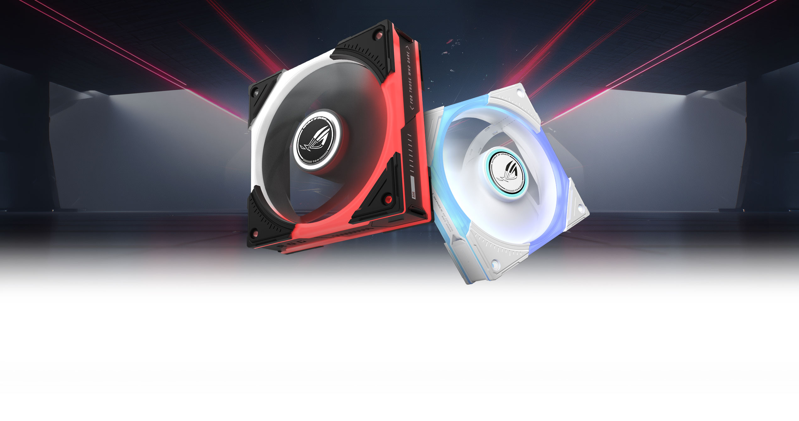 ROG 风神120 ARGB 白色风扇，在未来感背景中展示鲜艳的红色灯光
