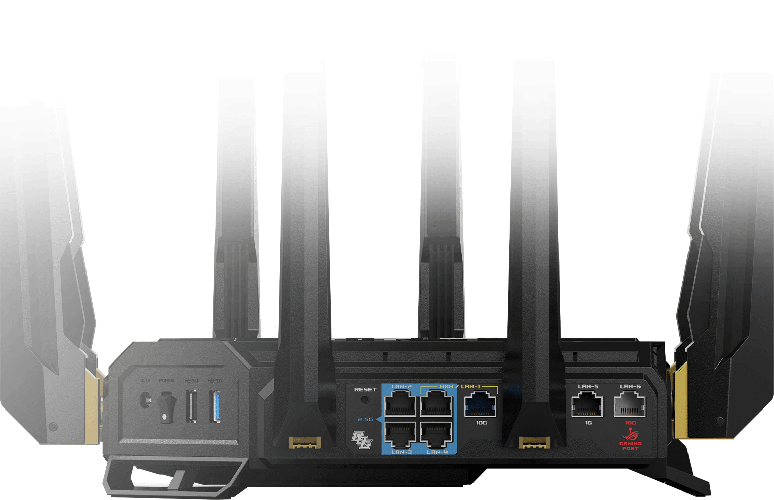 Rear view of ROG Rapture GT-BE96 Edition 20 showing dual 10G ports, multiple 2.5G LAN ports, and dedicated gaming port.