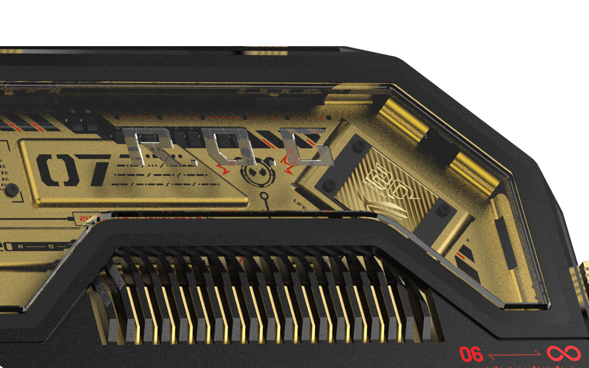 ROG router surface with signature pattern, metallic finish, and heatplate detailing.