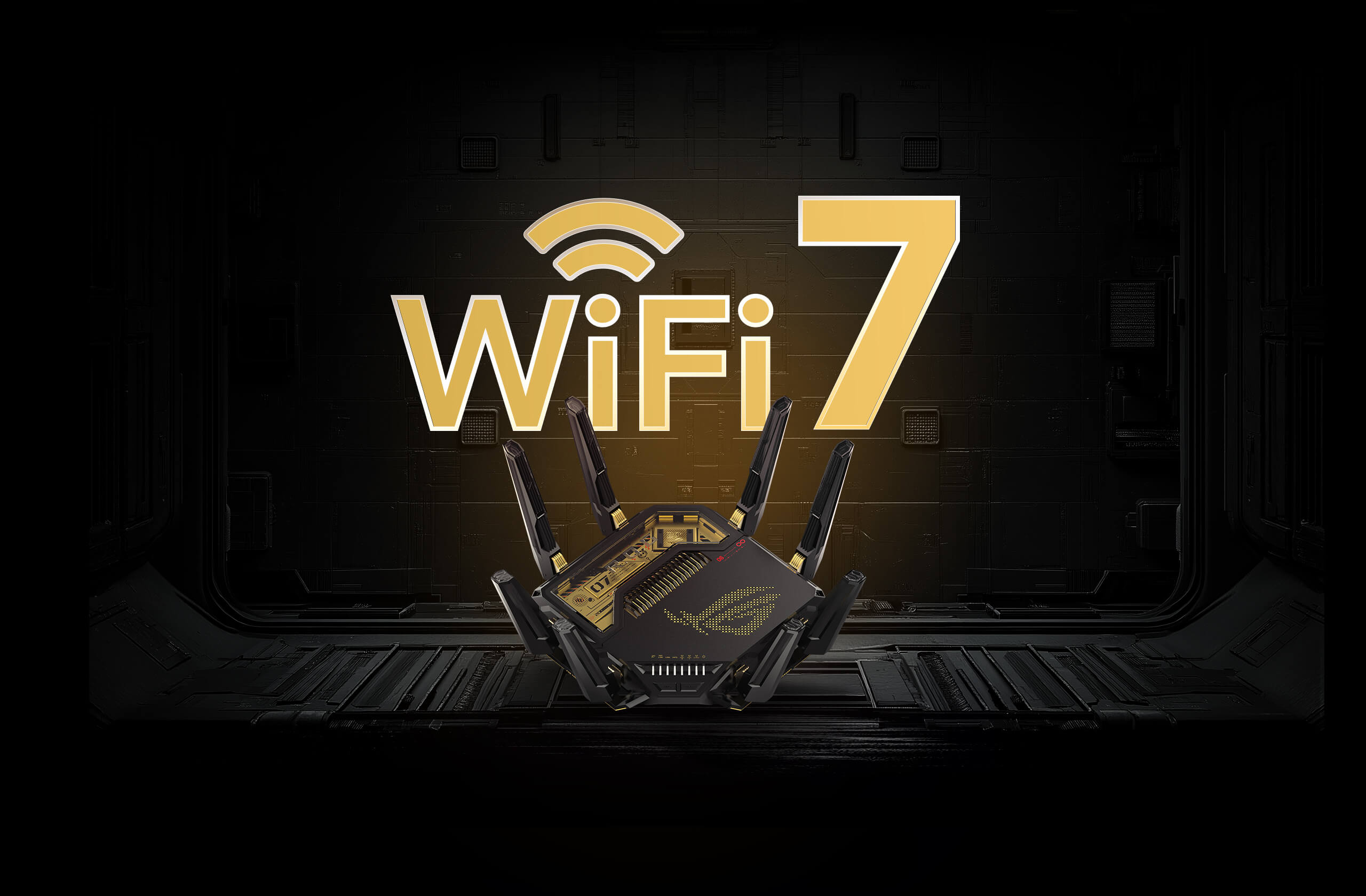 ROG Rapture GT-BE96 Edition 20 gaming router with multiple antennas and WiFi 7 branding in gold theme.
