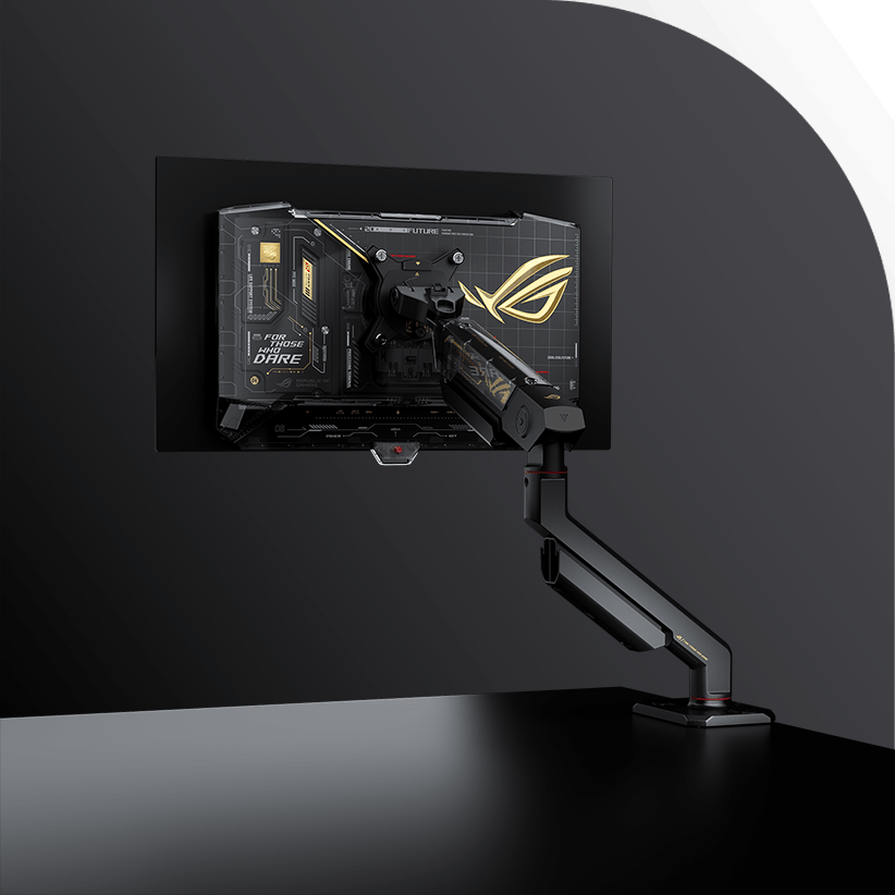两台 ROG OLED 游戏显示器特写，其中一台在宇宙背景下显示鲜艳的 ROG 徽标，另一台展示透明背板，内部组件和 ROG 徽标清晰可见