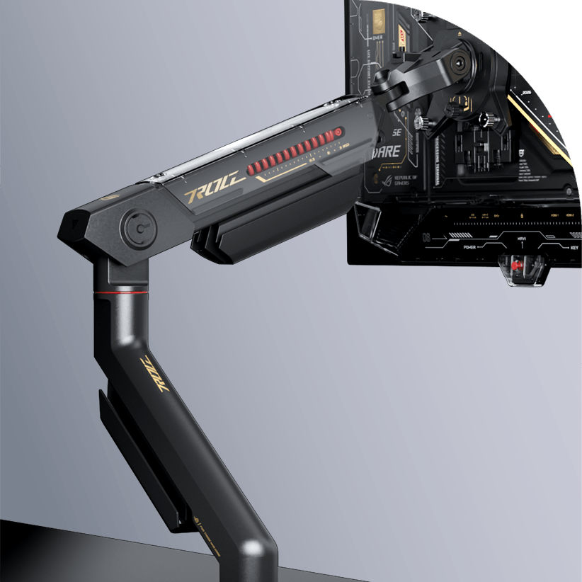 高科技 ROG OLED 游戏显示器背面的特写镜头，透明外壳揭示了复杂的内部组件和设计元素。