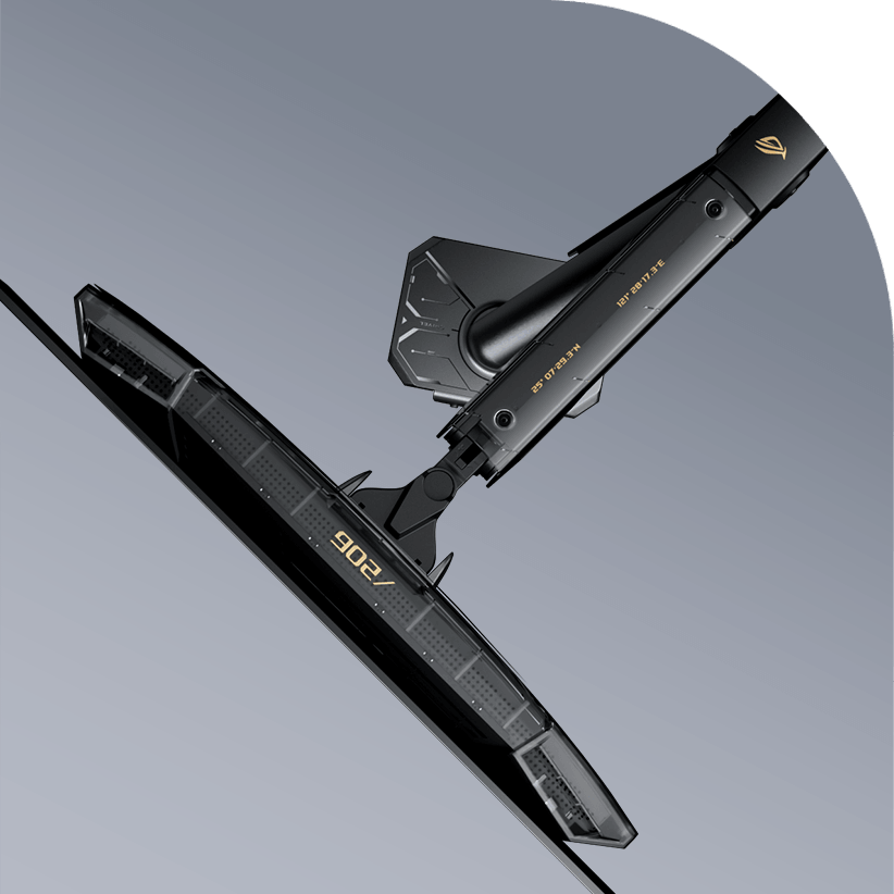 ROG OLED 显示器底座特写,展示了其银灰色配色、棱角分明的结构和蓝色 LED 点缀的未来派设计