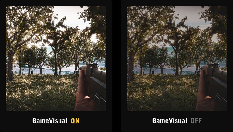 FPS 游戏的鲜明屏幕截图 / FPS 游戏的相同屏幕截图,显示较不鲜明的色彩