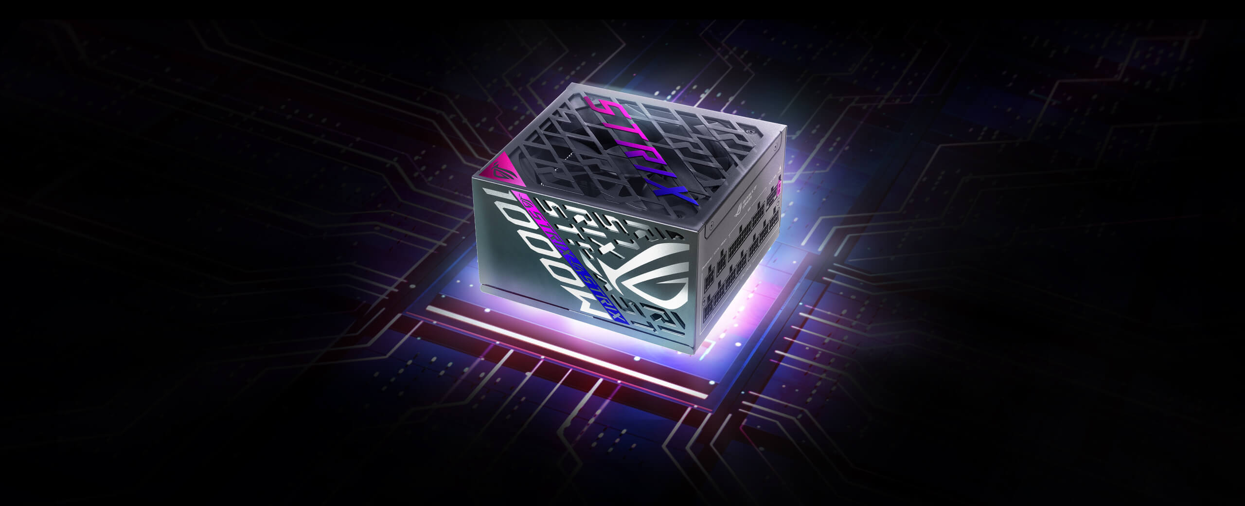 ROG Strix 1000W Platinum power supply unit shown in an angled view with illuminated accents, placed on a circuit-themed background
