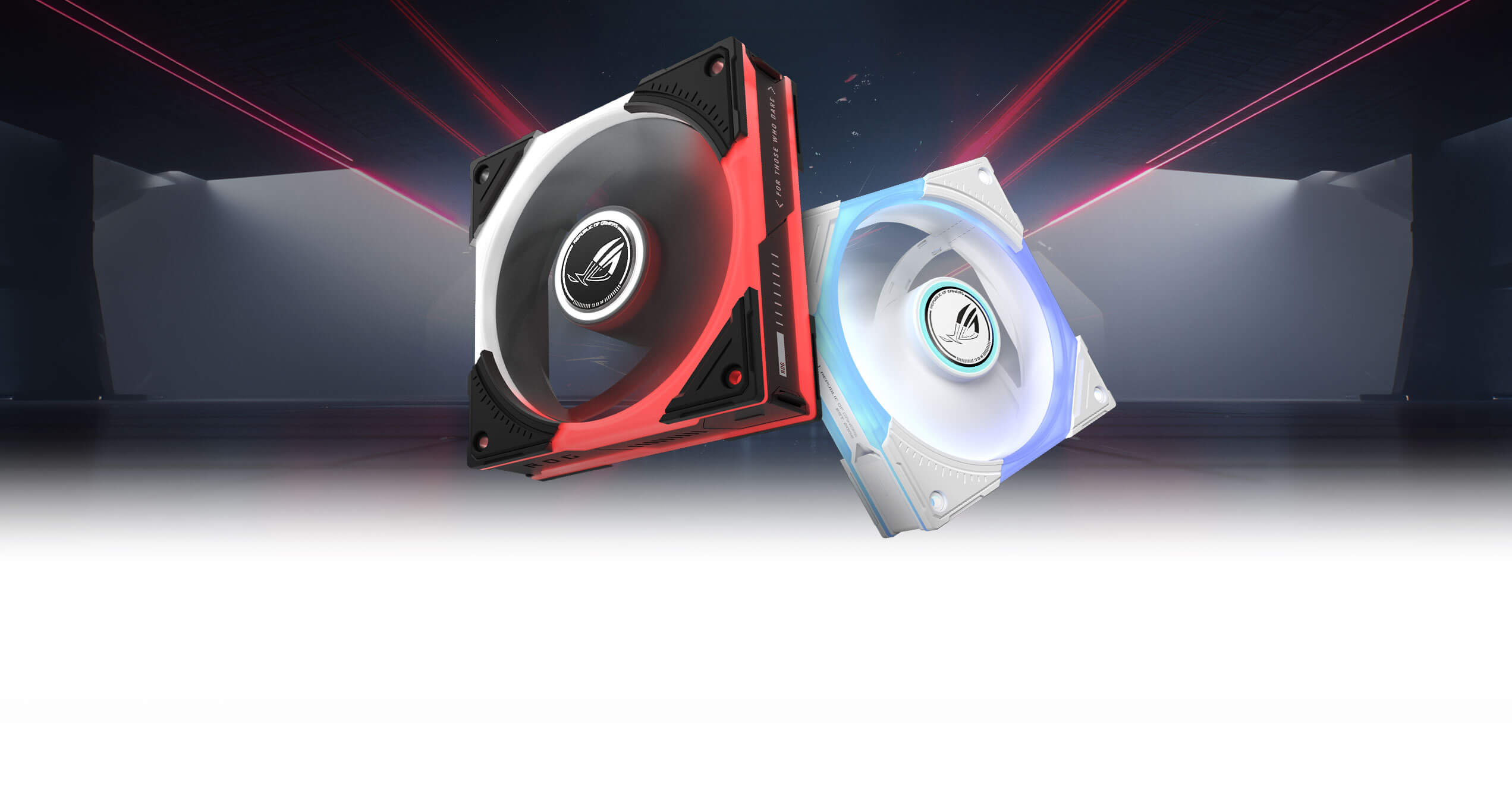 ROG 风神120 ARGB 反向风扇，在未来感背景中展示鲜艳的红色灯光