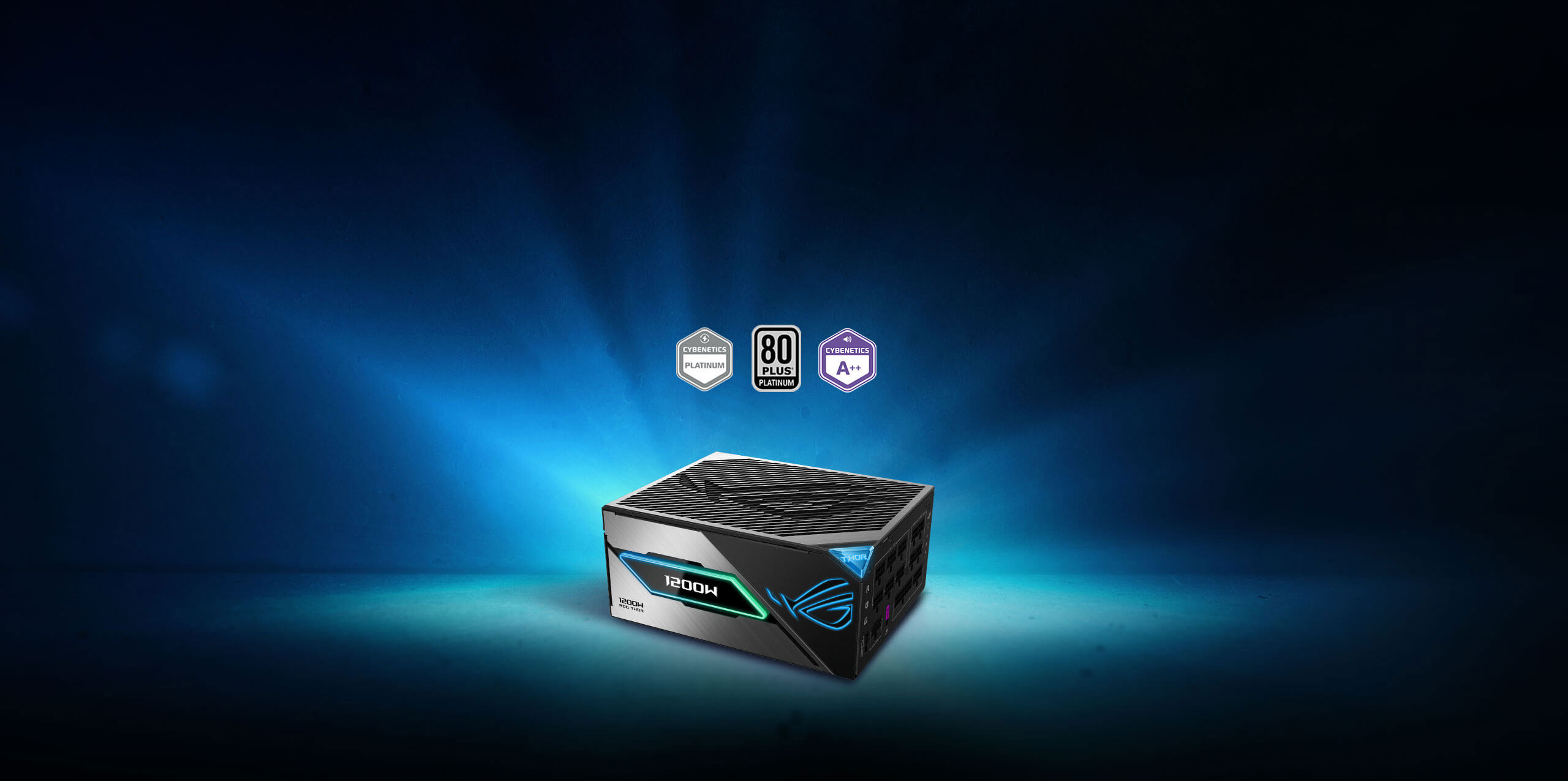 ROG THOR 雷神3代 1200W 白金牌电源侧面图，配有 80 PLUS Platinum、Cybenetics Platinum 与 Cybenetics Lambda A++ 认证标志。