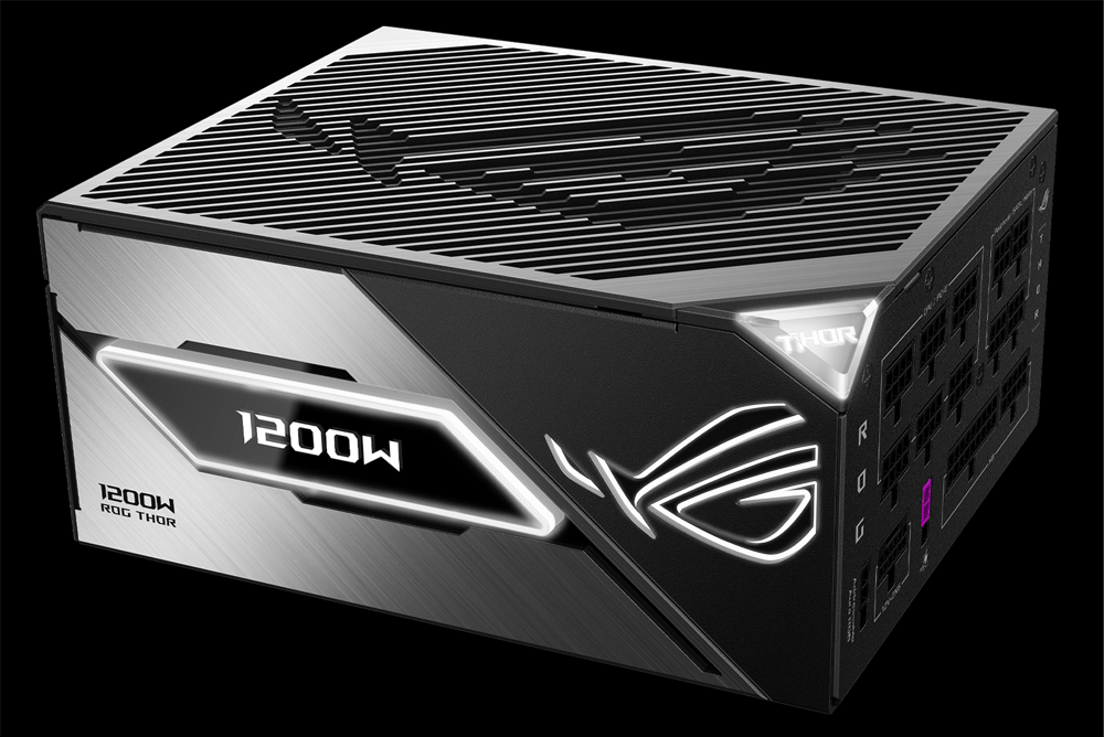 ROG THOR 雷神3代 1200W 白金牌的侧面视图，显示 RGB 灯效