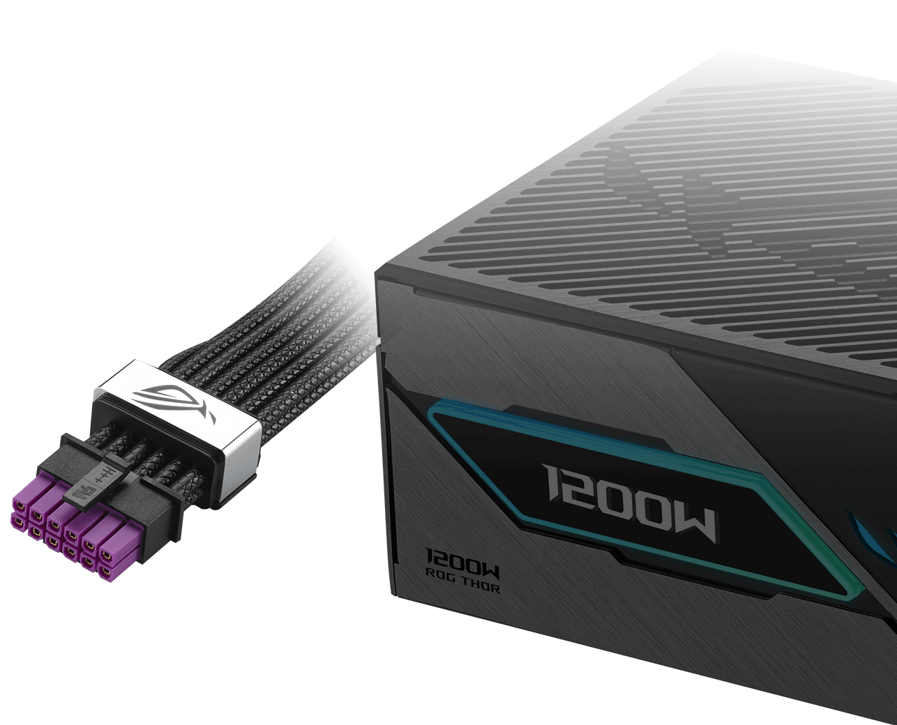 ROG Thor III 1200W Platinum 电源与 ROG Equalizer 12V-2x6 PCIe 线材的特写，展现利落的未来感设计。