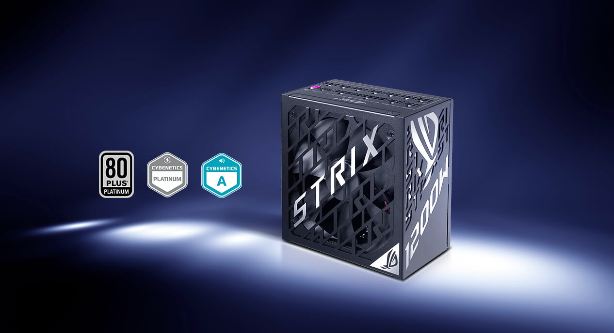ROG Strix 1200W Platinum 电源侧面图，配有 80 PLUS Platinum、Cybenetics Platinum 与 Cybenetics Lambda A 认证标志。
