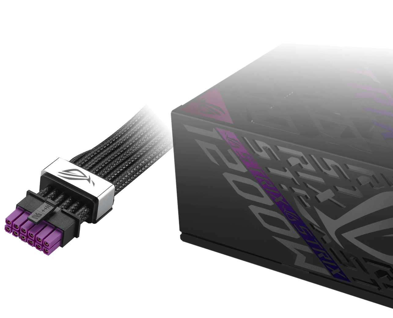 ROG Strix 1200W Platinum 电源与 ROG EQ 模组线12V-2x6 PCIe 线材的特写，展现利落的未来感设计。