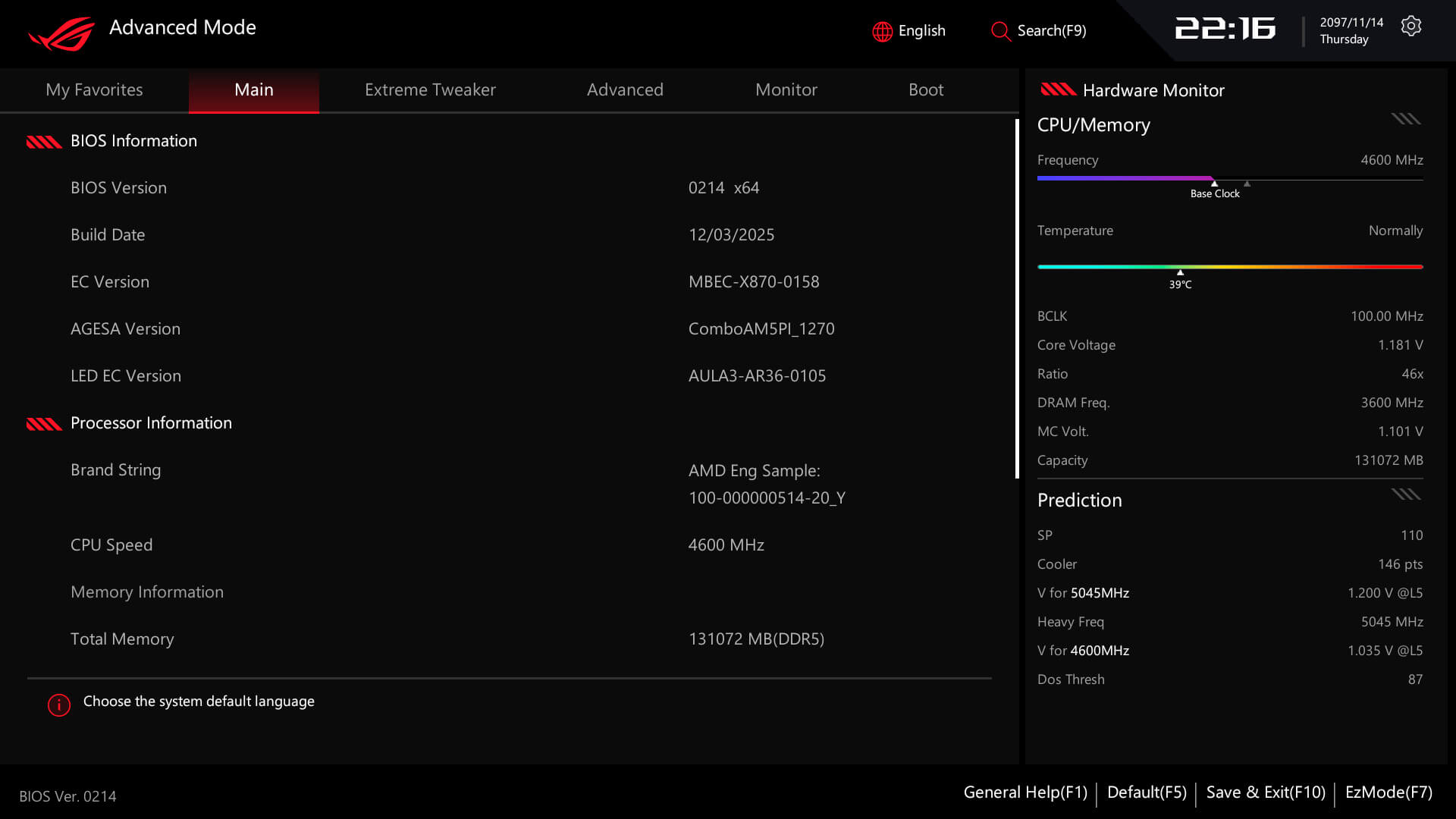 ROG Crosshair X870E 20周年版BIOS 高级模式用户接口图