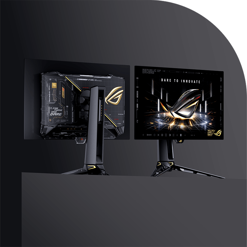 两台 ROG OLED 游戏显示器特写，其中一台在宇宙背景下显示鲜艳的 ROG 徽标，另一台展示透明背板，内部组件和 ROG 徽标清晰可见
