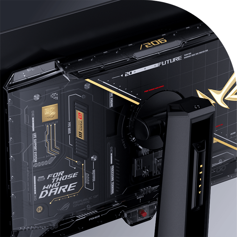 高科技 ROG OLED 游戏显示器背面的特写镜头，透明外壳揭示了复杂的内部组件和设计元素。