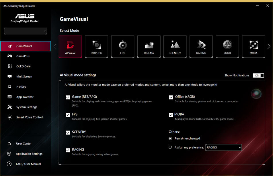 全新 ASUS DisplayWidget Center UI 屏幕截图，显示系统设定、OLED 功能等。