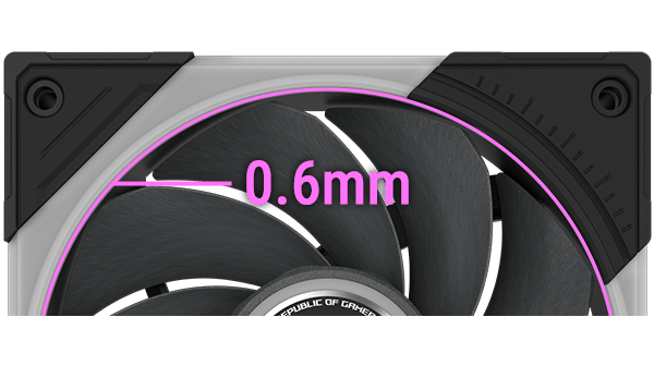 ROG 风神 反叶特写，标示扇叶与框架之间 0.6mm 的平行间隙