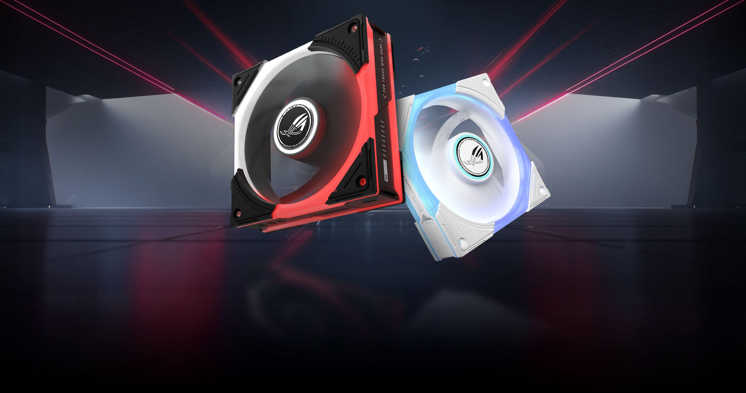 ROG 风神120 ARGB 反叶黑白双色，在未来感背景中展示鲜艳的红色灯光