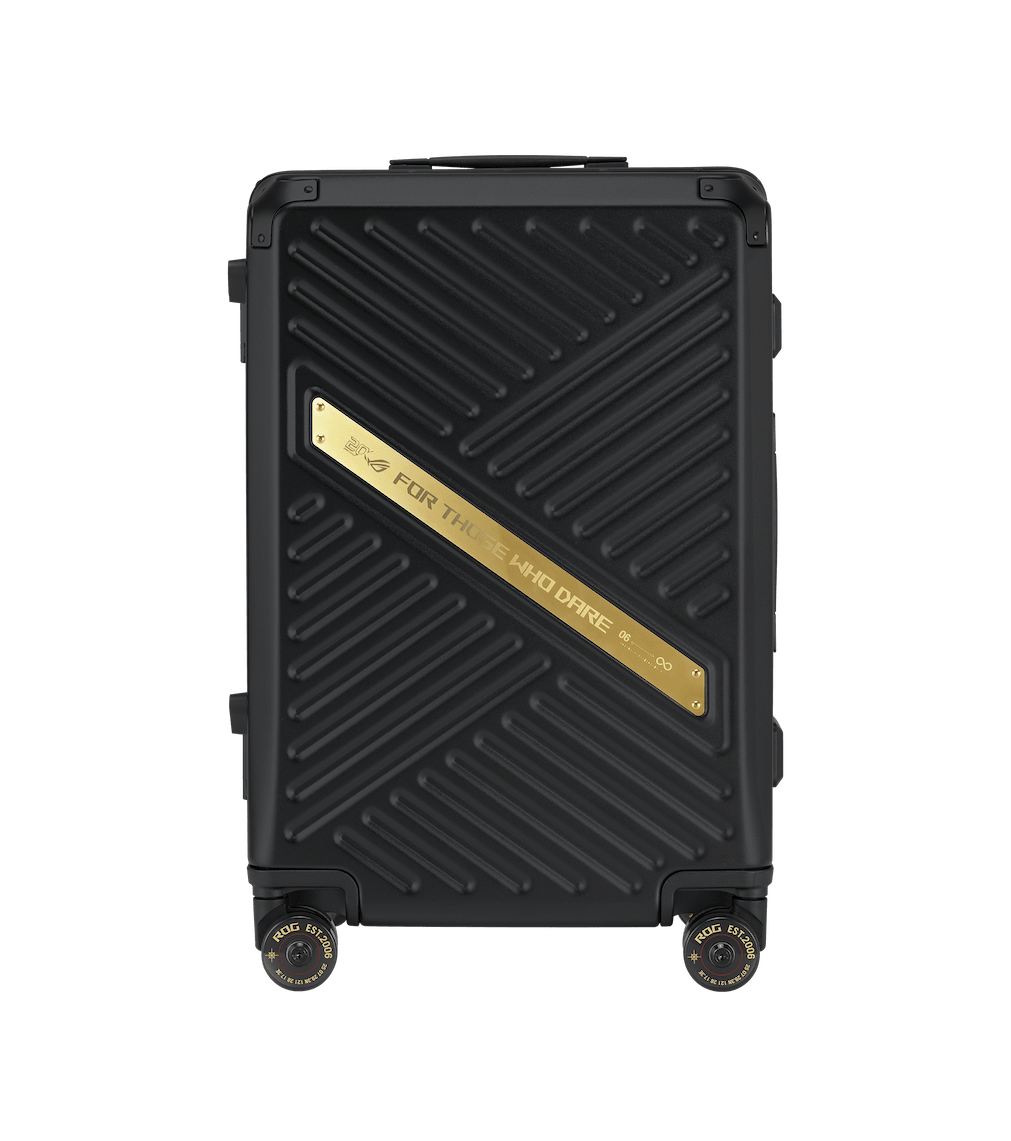 ROG SLASH Hard-Case Luggage Edition 20 displayed against a dramatic dark arena backdrop with glowing gold light trails