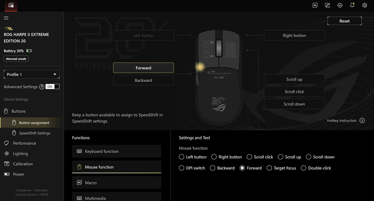 A UI screen shot of the Harpe II Extreme Edition 20 on the Gear Link web app