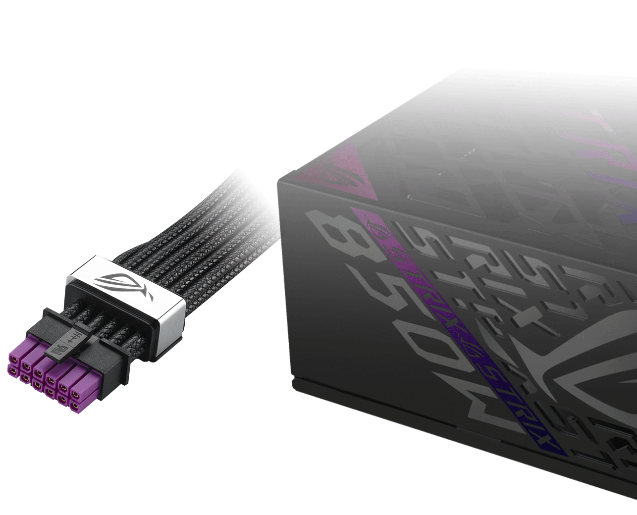 Close-up of a ROG Strix 850W Platinum power supply unit with a ROG Equalizer 12V-2x6 PCIe cable, showcasing a sleek, futuristic design against a dark backdrop.