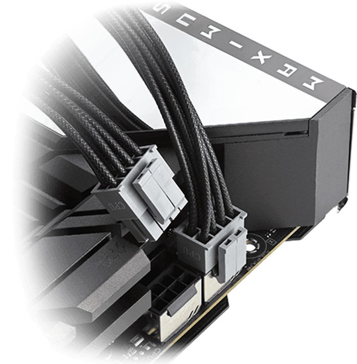 CPU 电源线连接至主板的特写