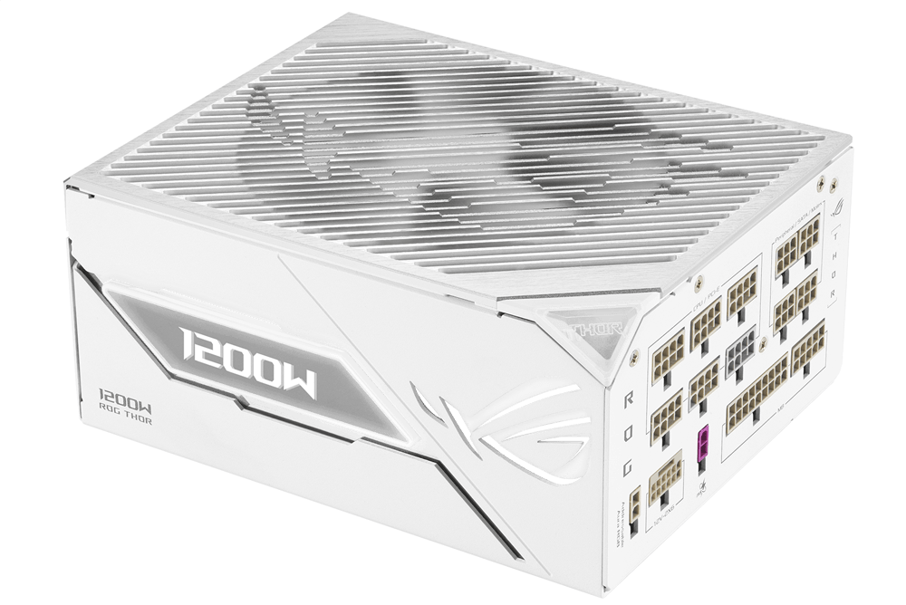 ROG THOR 雷神3代 1200W 白金牌的侧面视图，显示 RGB 灯效
