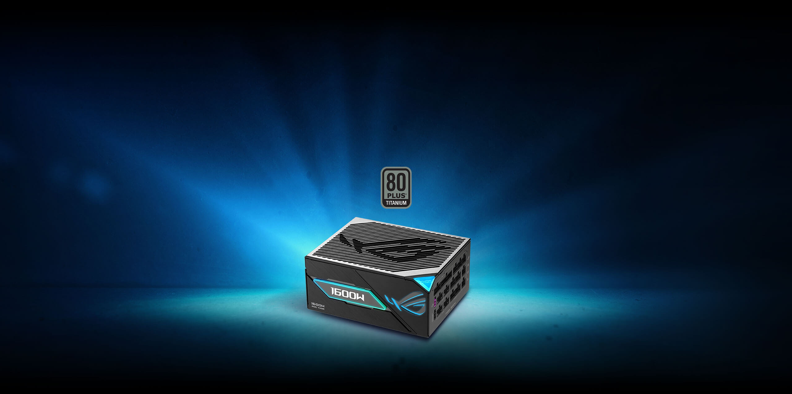 ROG 雷神3代1600W 氮化镓钛金牌 EVO  power supply shown in a side view, accompanied by 80 PLUS Platinum, Cybenetics Platinum, and Cybenetics Lambda A++ certification badges on a dark blue gradient background.