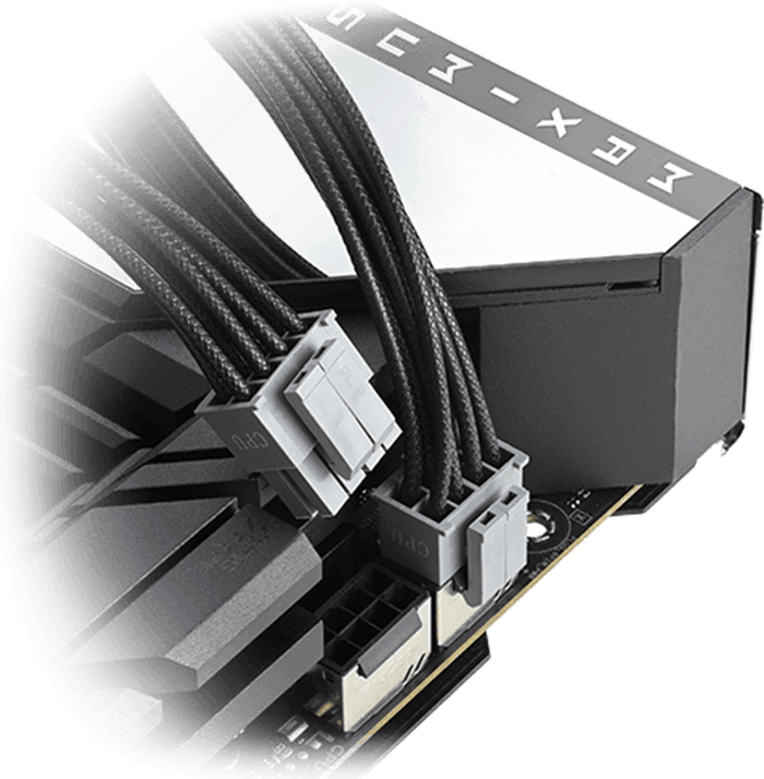 Close up on a set of CPU power cable connect to the motherboard