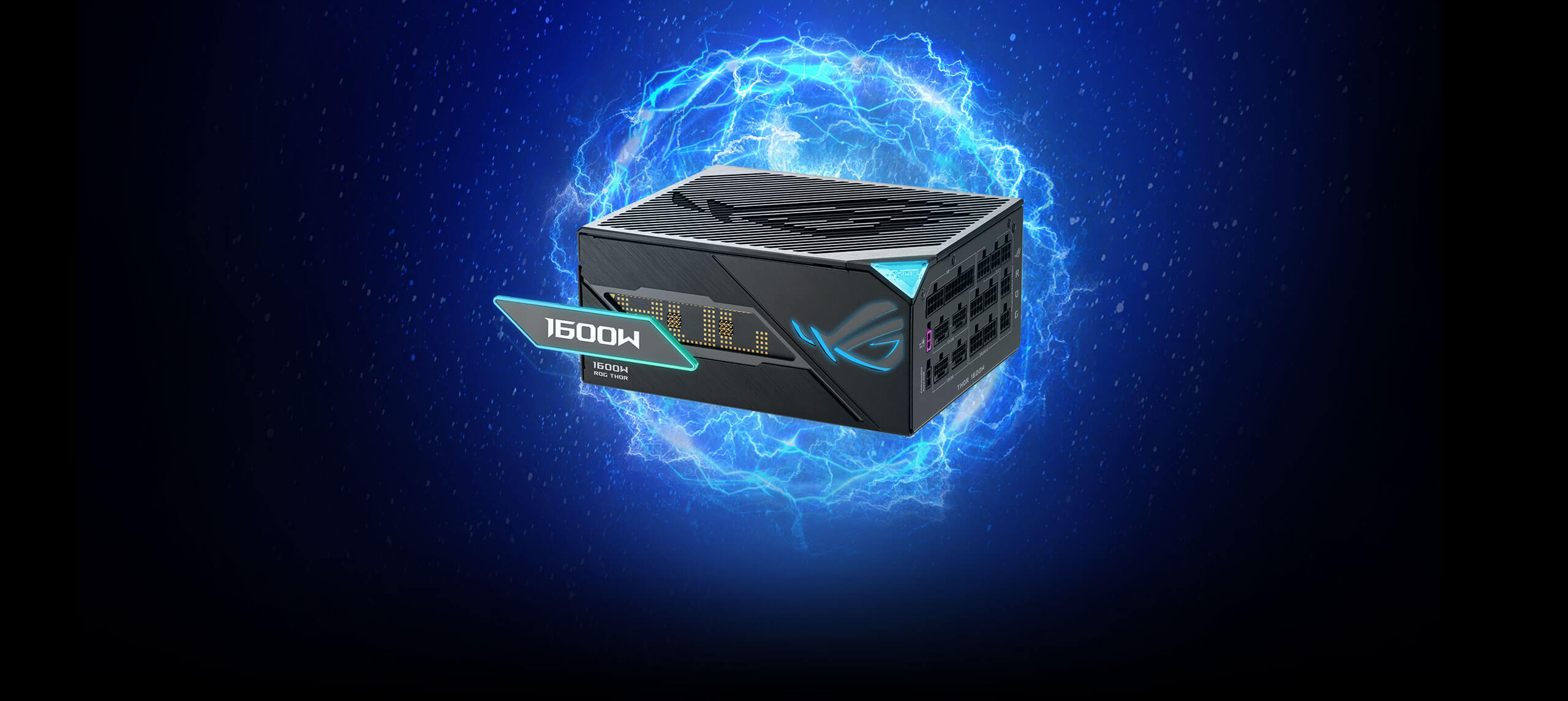 Stylized image of ROG 雷神3代1600W 氮化镓钛金牌 EVO , appearing to float while surrounded by energy