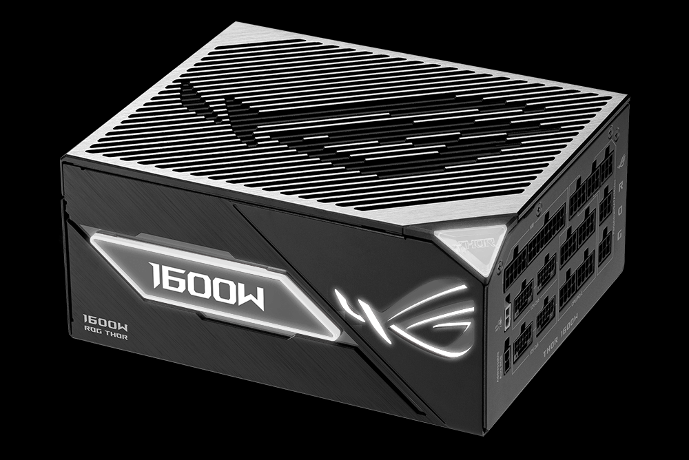 Angled side view of ROG 雷神3代1600W 氮化镓钛金牌 EVO , showing the RGB lighting