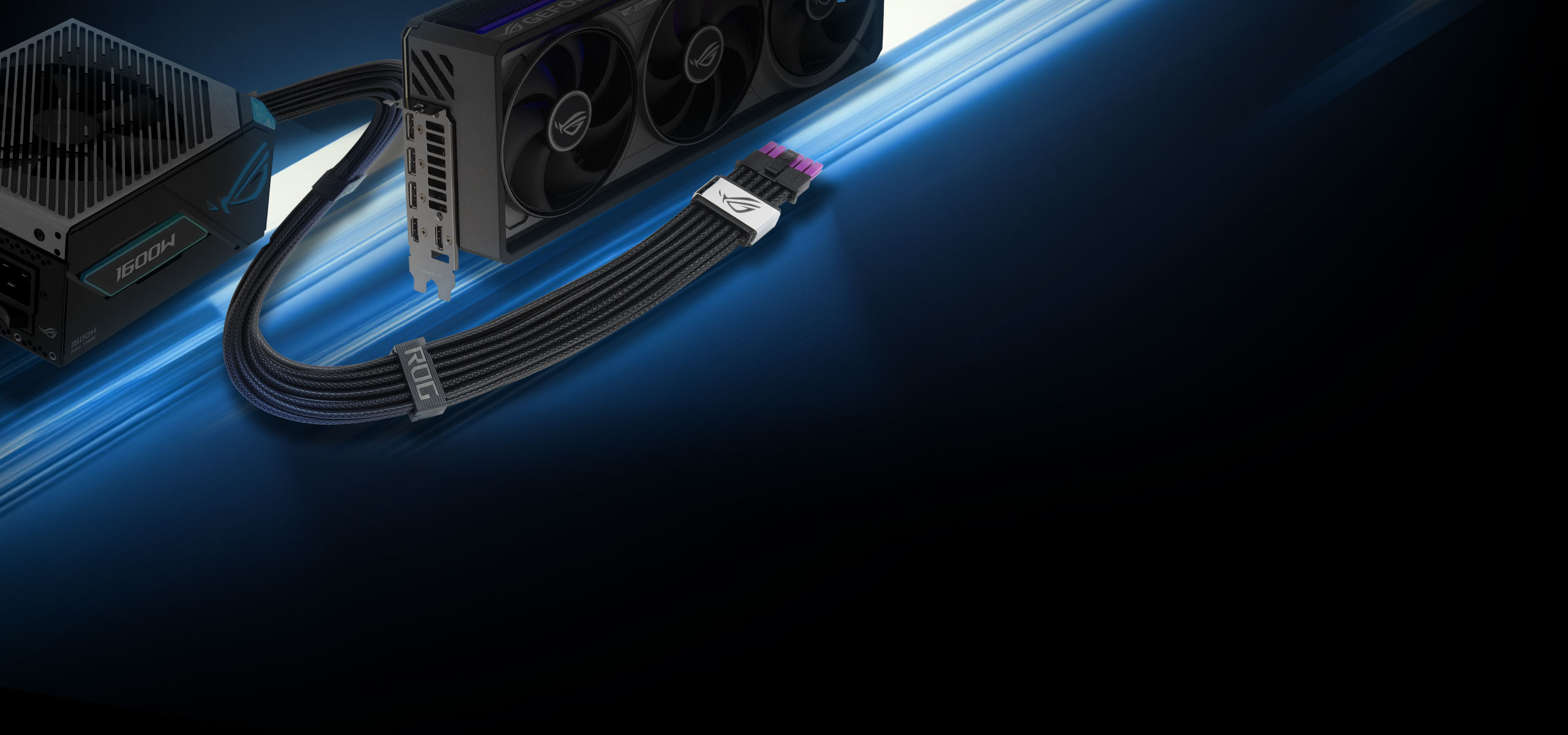 Close-up of an ROG power supply connected to an ROG graphics card via a braided ROG Equalizer 12V-2x6 PCIe cable. The setup is highlighted by a blue futuristic glow.