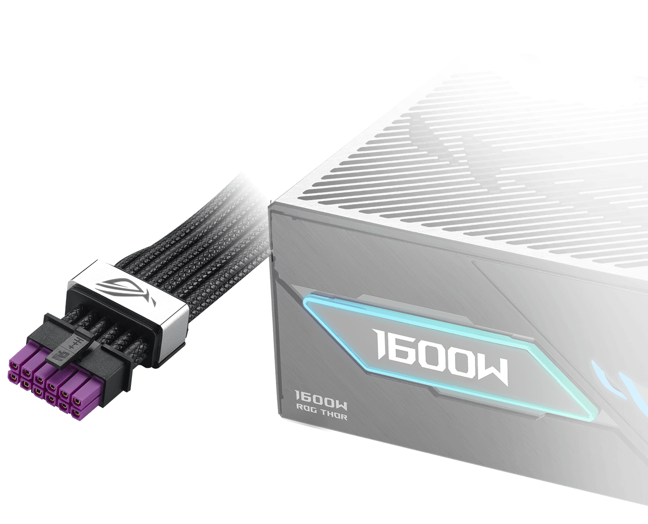 Close-up of a ROG Thor III 1600W 1600W power supply unit with a ROG Equalizer 12V-2x6 PCIe cable, showcasing a sleek, futuristic design against a dark backdrop.