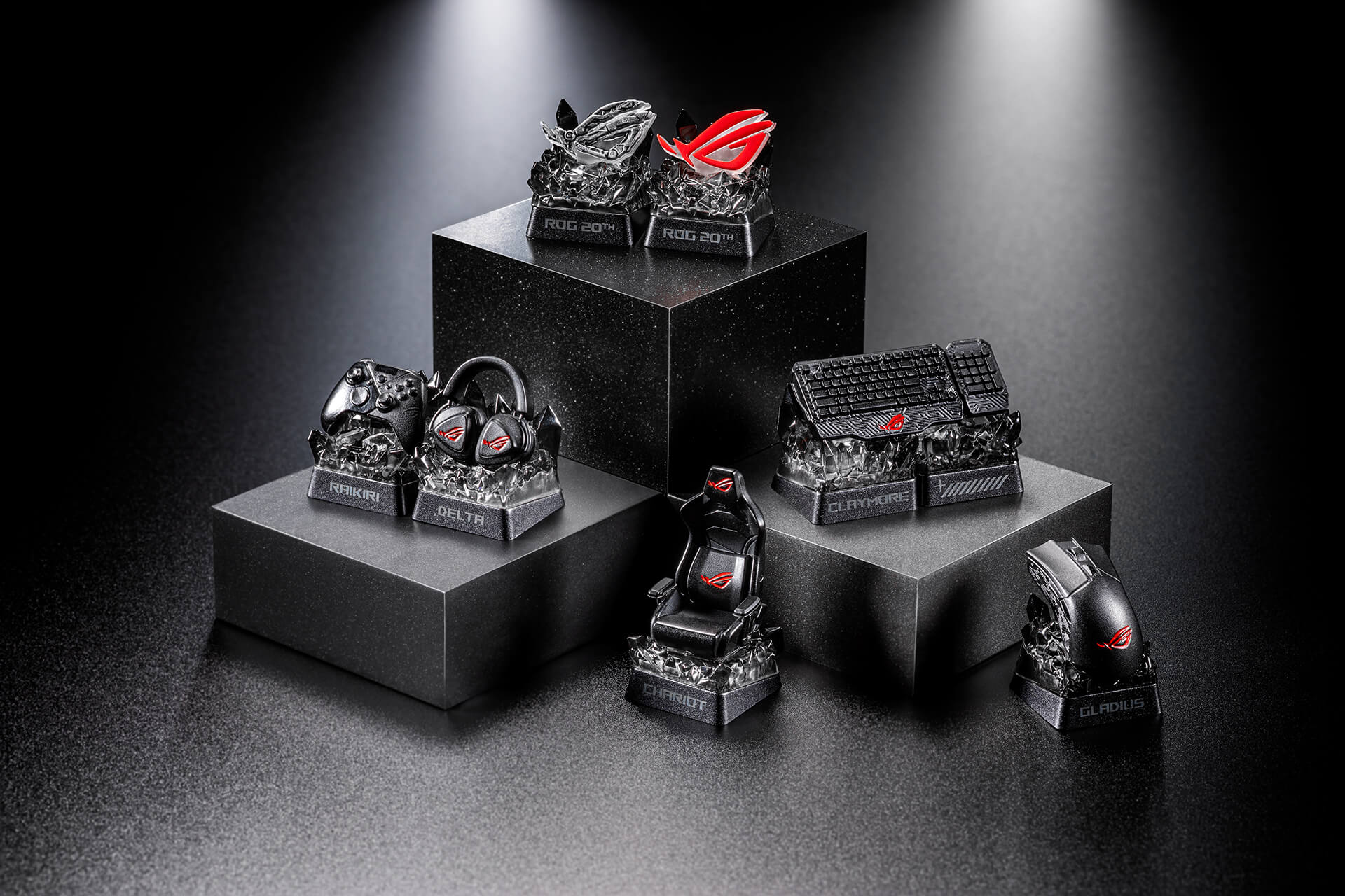 ROG Keycap Mystery Box Edition 20 Full Set displayed on a demo stand