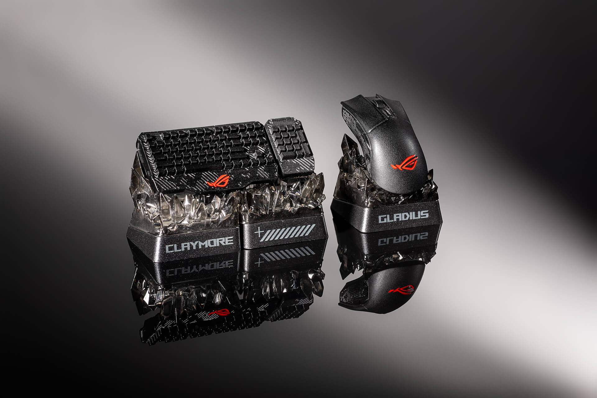 ROG Claymore and ROG Gladius keycap front view to the right with ambient lighting