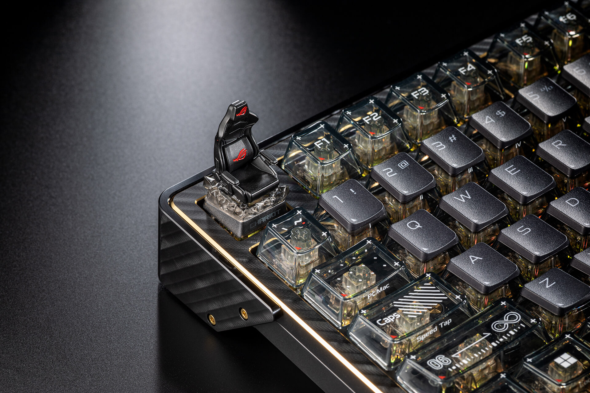 ROG Chariot keycap placed on the ESC key of a keyboard