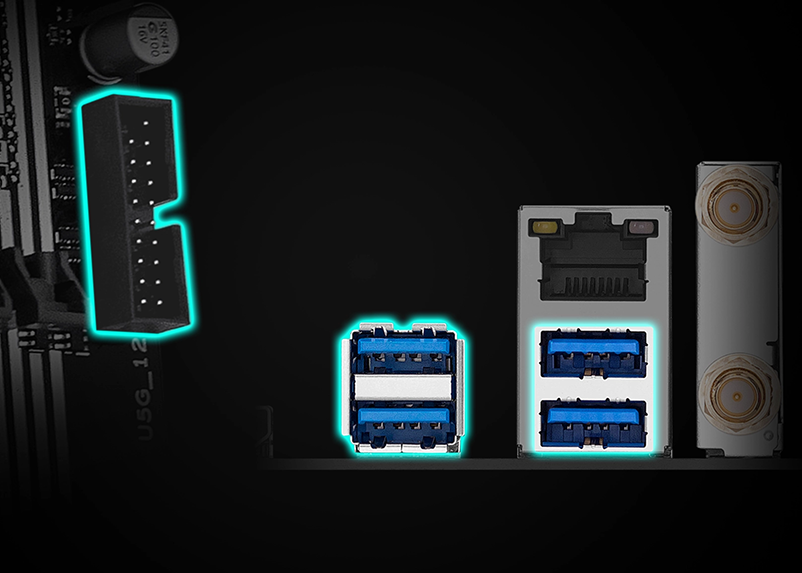 I/O 端口重点标注四个后置 USB 5Gbps Type-A 端口与一个前置 USB 5Gbps Type-A 连接器