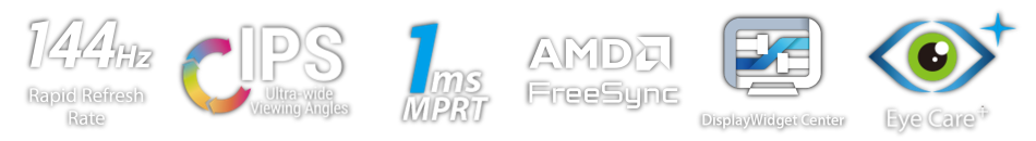 144hz, IPS, 1ms MPRT, AMD FreeSync, DisplayWidget Center, Eye care plus 等功能图标