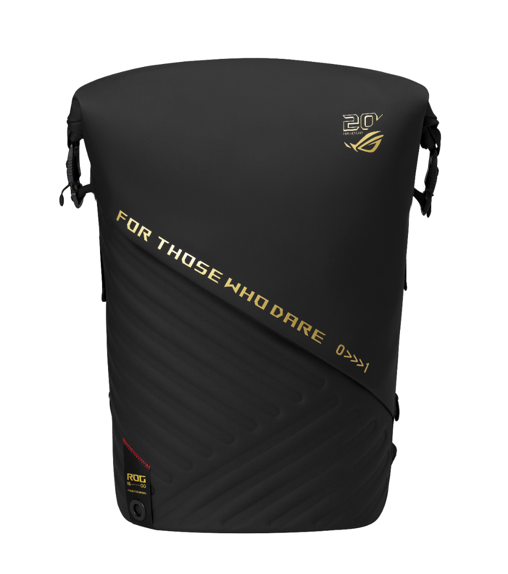 ROG SLASH Hard-Case Luggage Edition 20 displayed against a dramatic dark arena backdrop with glowing gold light trails