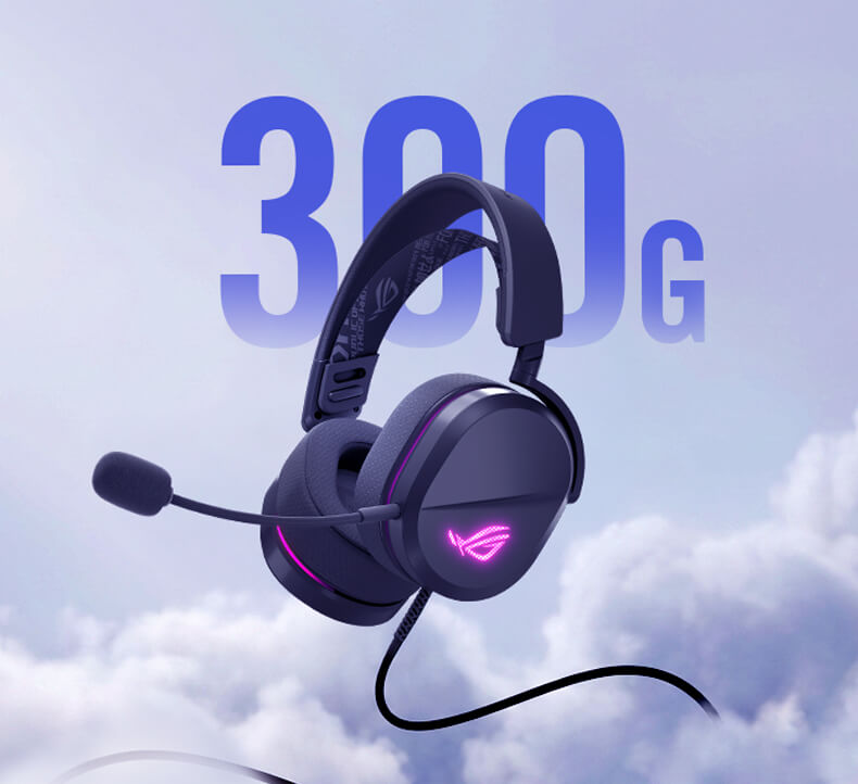 ASUS ROG 破风 标准版电竞耳机，重约 300 克并带有 RGB 灯效，背景为云朵图案。