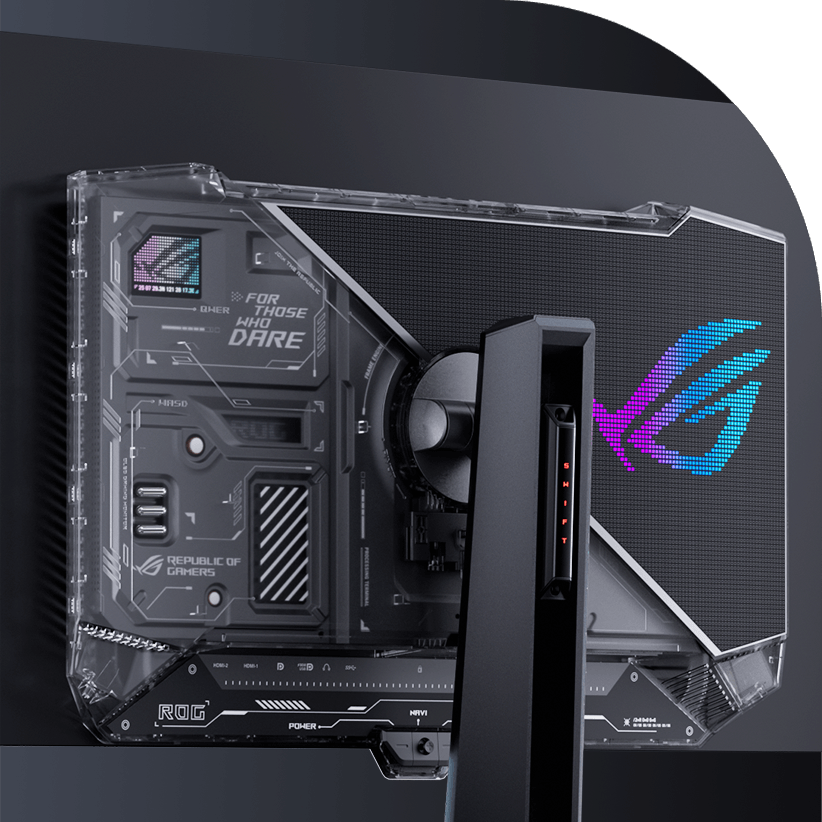 高科技 ROG OLED 游戏显示器背面的特写镜头,透明外壳揭示了复杂的内部组件和设计元素。