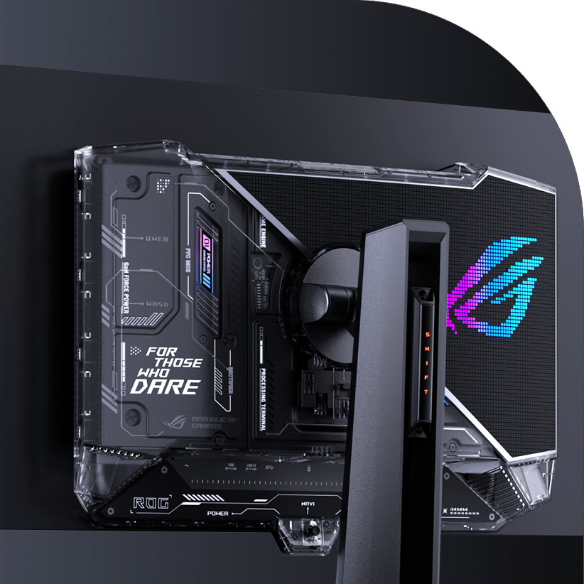 高科技 ROG OLED 游戏显示器背面的特写镜头,透明外壳揭示了复杂的内部组件和设计元素。