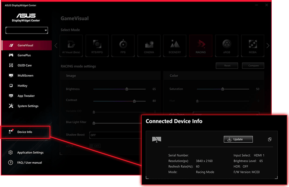 ASUS DisplayWidget Center 用户界面的截图,显示了固件自动更新通知。