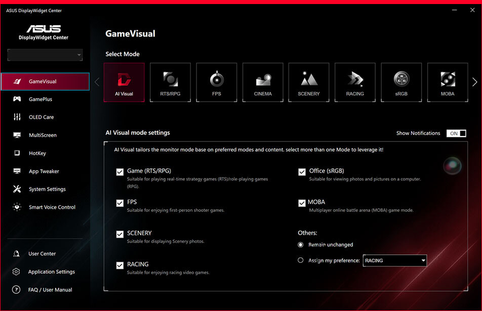 展示全新 ASUS DisplayWidget Center 系统设置界面的截图.