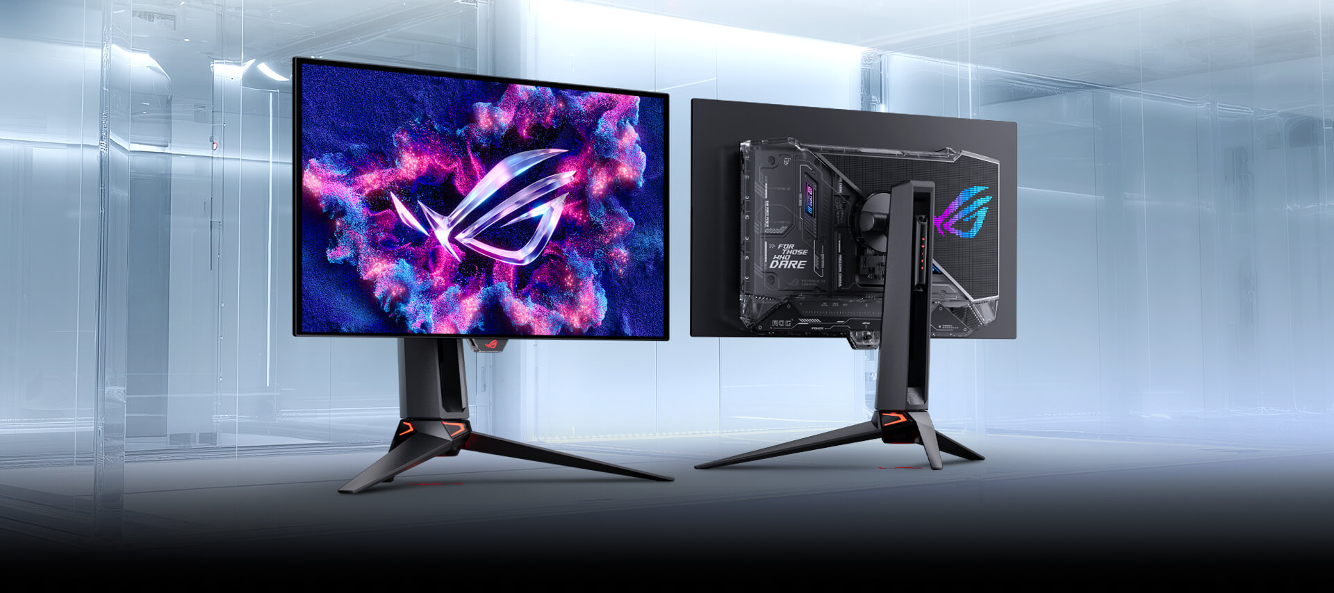 面向未来的台式机设置,配备 ROG OLED 显示器,显示生动的粉色和蓝色图形,周围环绕着游戏装备和白色 PC 机箱,房间内灯光呈紫色。屏幕旁边的粗体字写着 "一应俱全"。