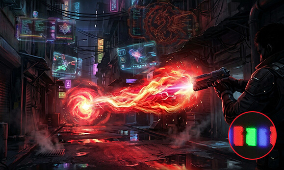 在采用 RGB Stripe Pixel 技术的面板上，绚丽的赛博朋克游戏场景对比显示，其色容量相比上一代 WOLED 面板提升了 27%。