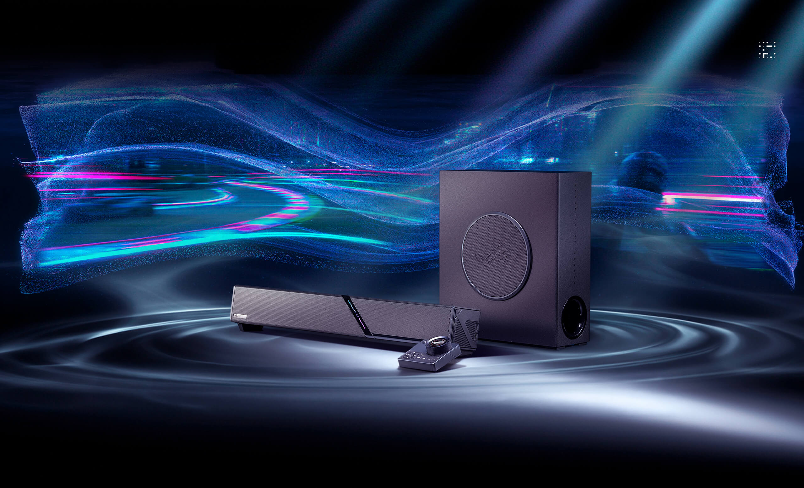 The front view of Gjallar gaming soundbar in the background of the soundwave in blue