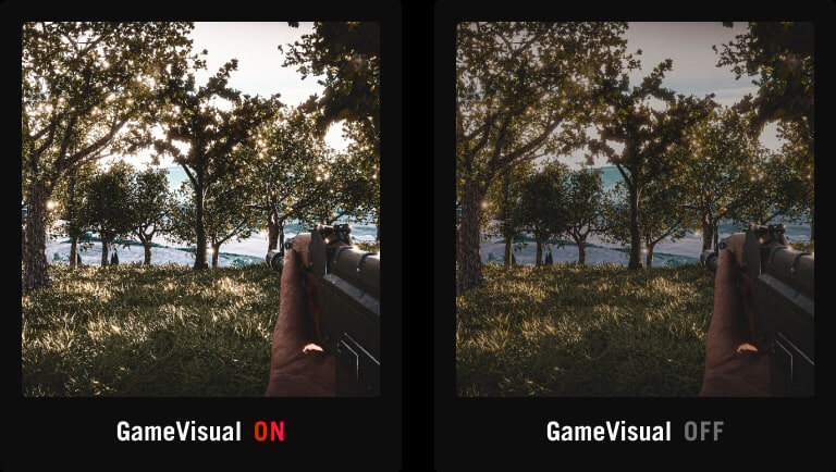 FPS 游戏的鲜明屏幕截图 / FPS 游戏的相同屏幕截图,显示较不鲜明的色彩