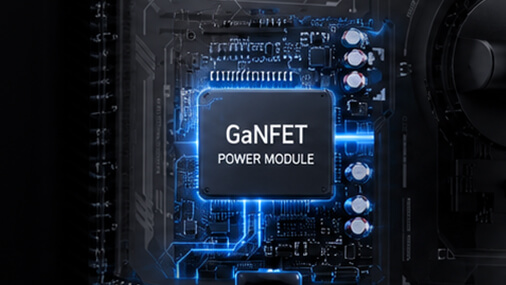 黑色华硕 ROG 电竞显示器背面视图，突出展示内部 GaNFET 电源模块设计