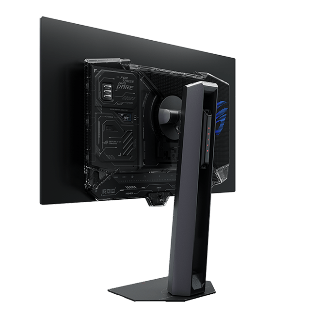 Rear view of the ROG monitor with a see-through overlay revealing internal components, 'For Those Who Dare' branding, and a blue lightning-bolt RGB logo on the back panel.